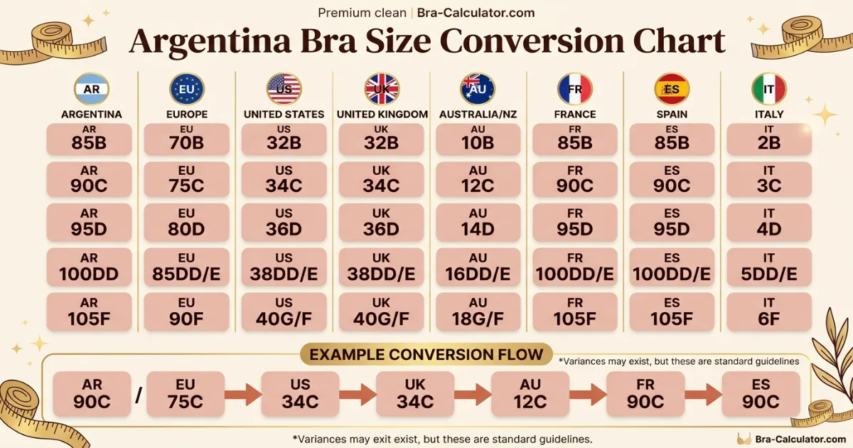 Argentina bra size conversion chart comparing Argentina local bands with US UK AU and FR bra sizing systems