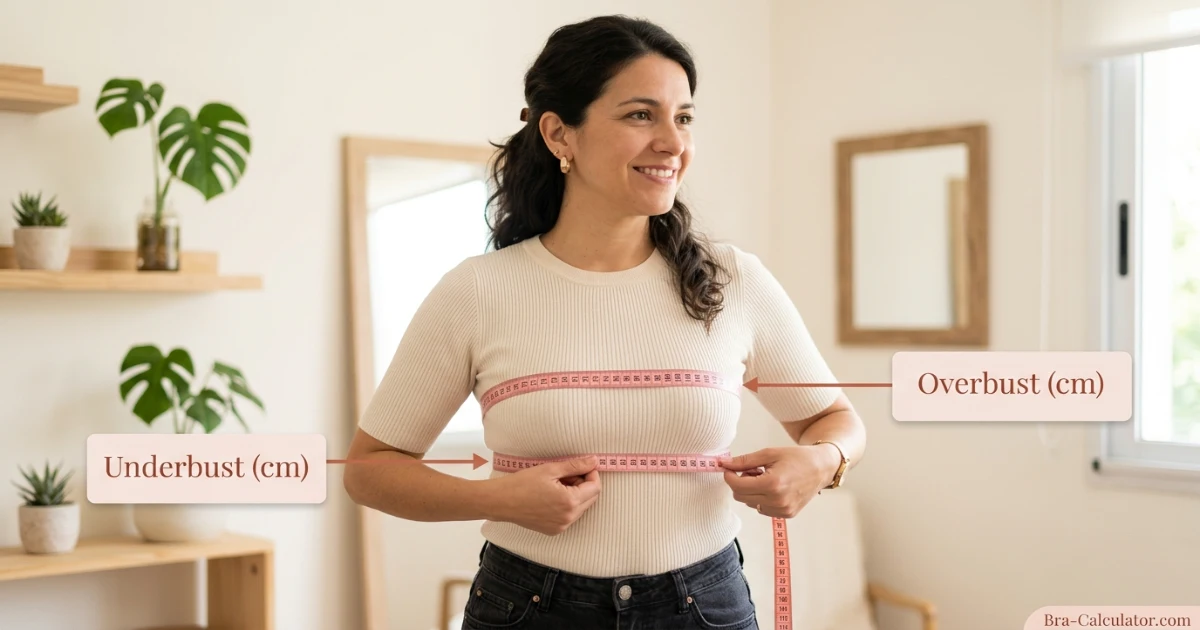 Argentina bra size measurement guide showing underbust and overbust measurement with tape in centimetres for accurate Argentina local bra fitting