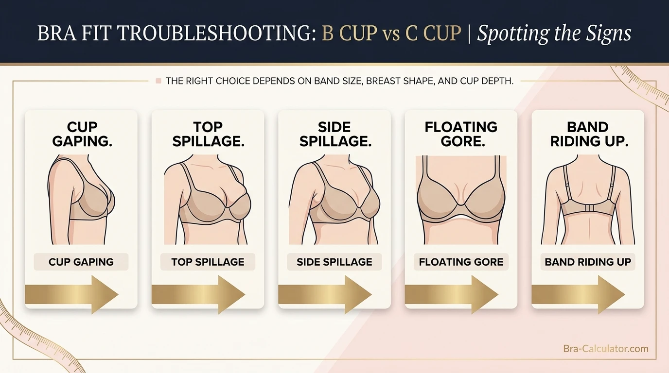B Cup vs C Cup fit problem diagram showing gaping, spillage, floating gore, and band riding up