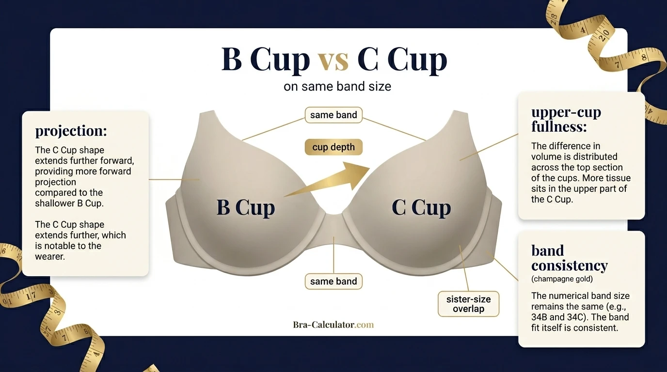B Cup vs C Cup same-band visual volume comparison infographic