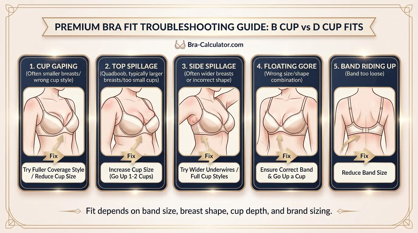 B Cup vs D Cup fit problem diagram showing gaping, spillage, floating gore, and band riding up