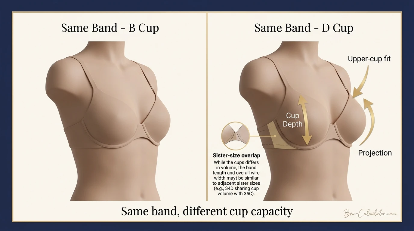 B Cup vs D Cup same-band visual volume comparison infographic
