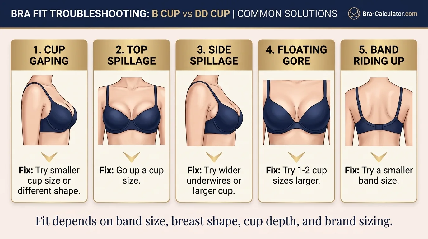 B Cup vs DD Cup fit problem diagram showing gaping, spillage, floating gore, and band riding up