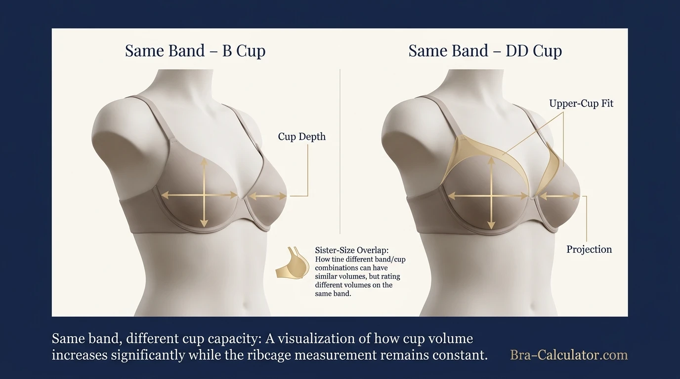 B Cup vs DD Cup same-band visual volume comparison infographic