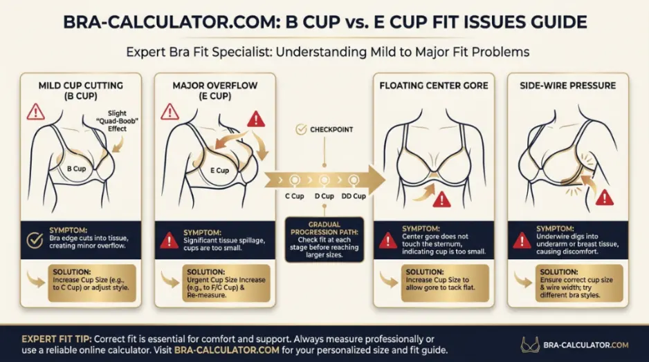 B Cup vs E Cup fit problem diagram showing mild cutting vs major overflow, floating gore, and middle-size checkpoints