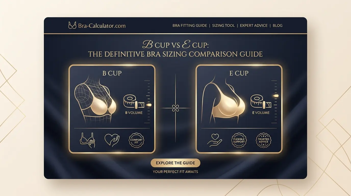 B Cup vs E Cup hero comparison graphic with dark navy and gold branding