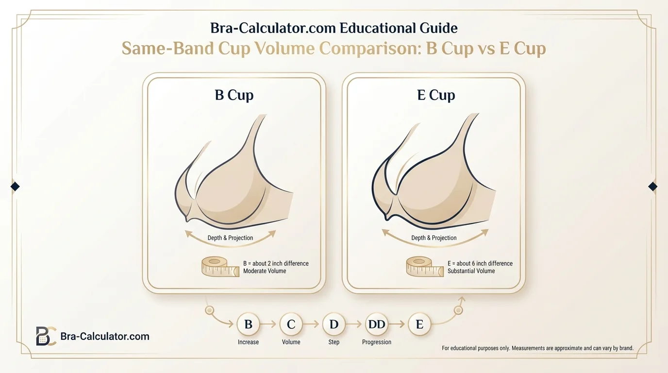 B Cup vs E Cup same-band visual volume comparison infographic