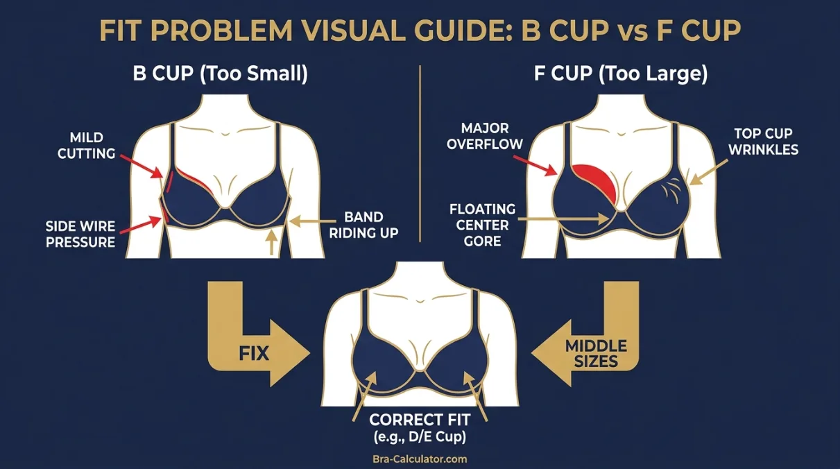 B Cup vs F Cup fit problem diagram showing mild cutting vs major overflow, floating gore, and middle-size checkpoints