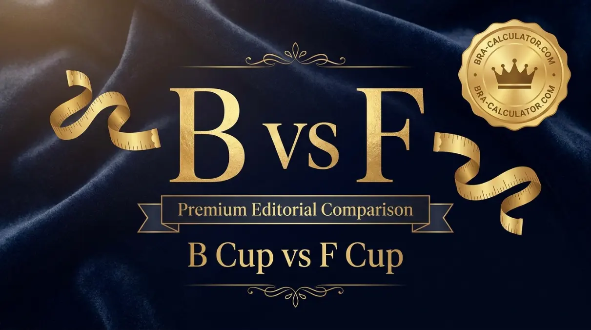 B Cup vs F Cup hero comparison graphic with dark navy and gold branding