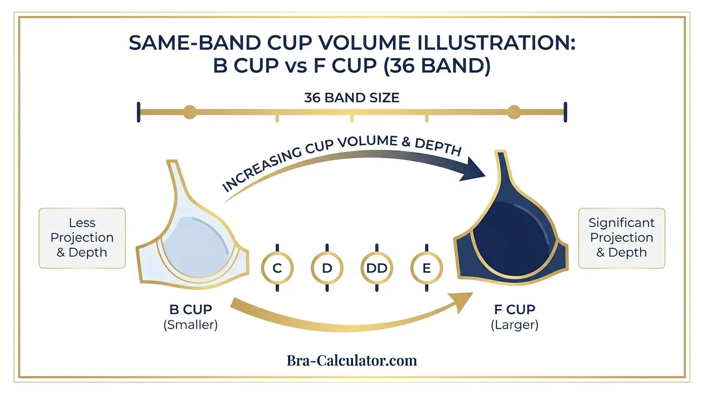 B Cup vs F Cup same-band visual volume comparison infographic