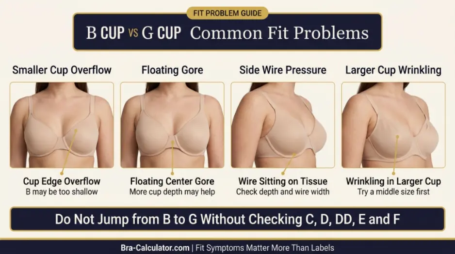 B Cup vs G Cup fit problem diagram showing mild cutting vs major overflow, floating gore, and middle-size checkpoints