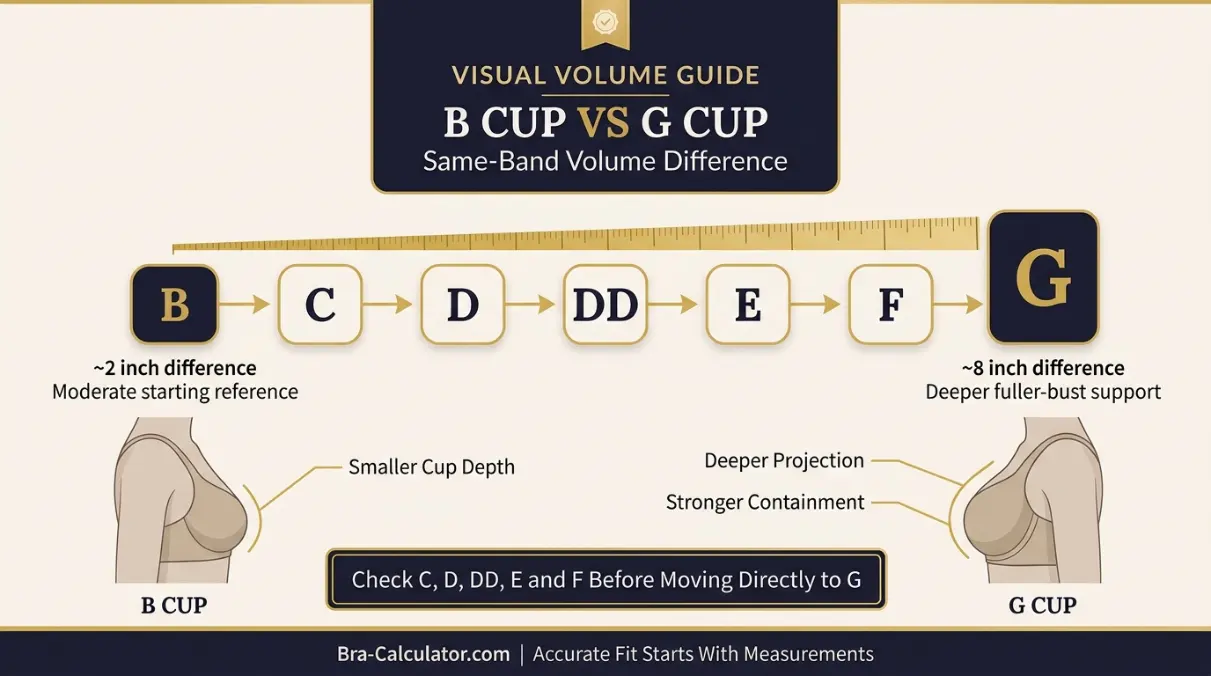 B Cup vs G Cup same-band visual volume comparison infographic