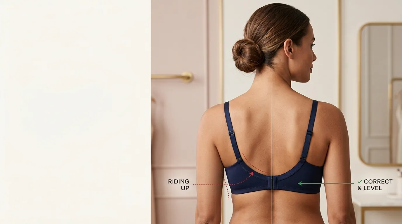 Bra Calculator guide illustration showing a bra band riding up at the back compared with a level supportive band
