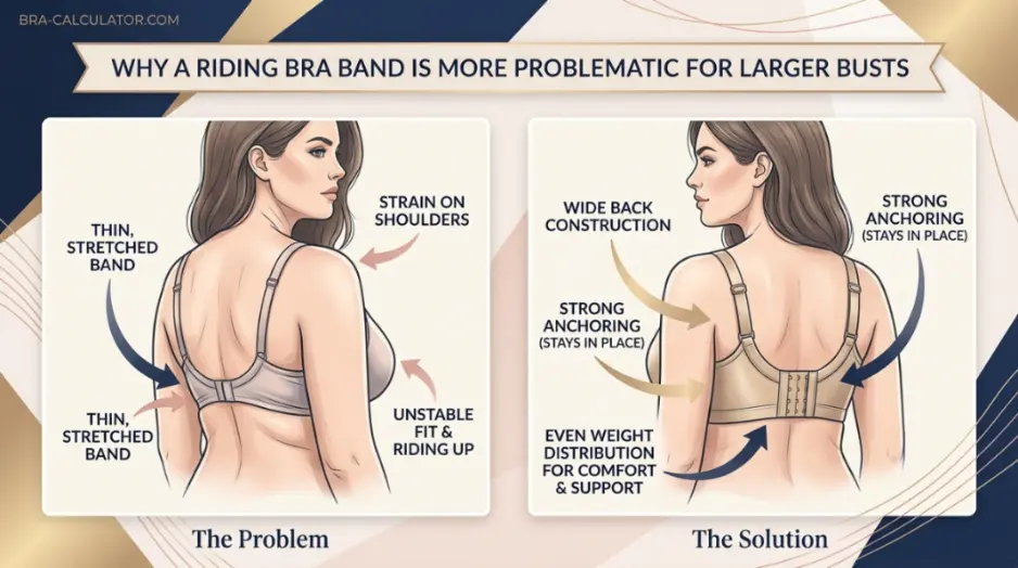 Wide back bra support illustration for larger busts showing stable band placement and reduced shoulder strap pressure