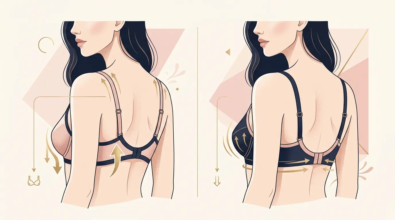 Bra Calculator visual showing how a loose bra band loses tension and rides upward while the front of the bra drops