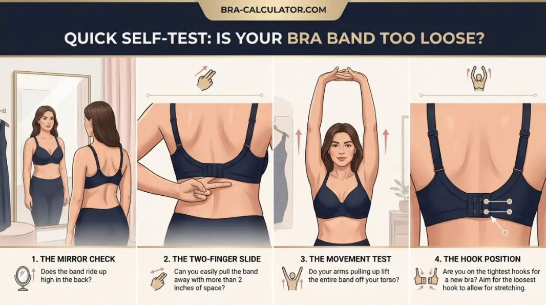 Step by step Bra Calculator self test showing mirror check two finger band test and arms raised band movement test