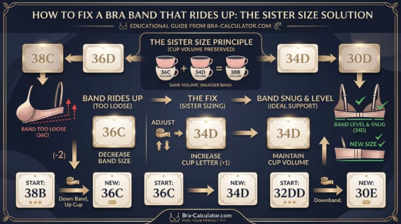 Bra Calculator sister size diagram showing 36C changing to 34D to keep cup volume while tightening the band
