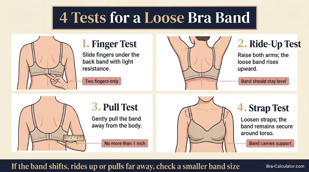 Bra band too loose diagnosis graphic showing finger test ride-up test pull test and strap test