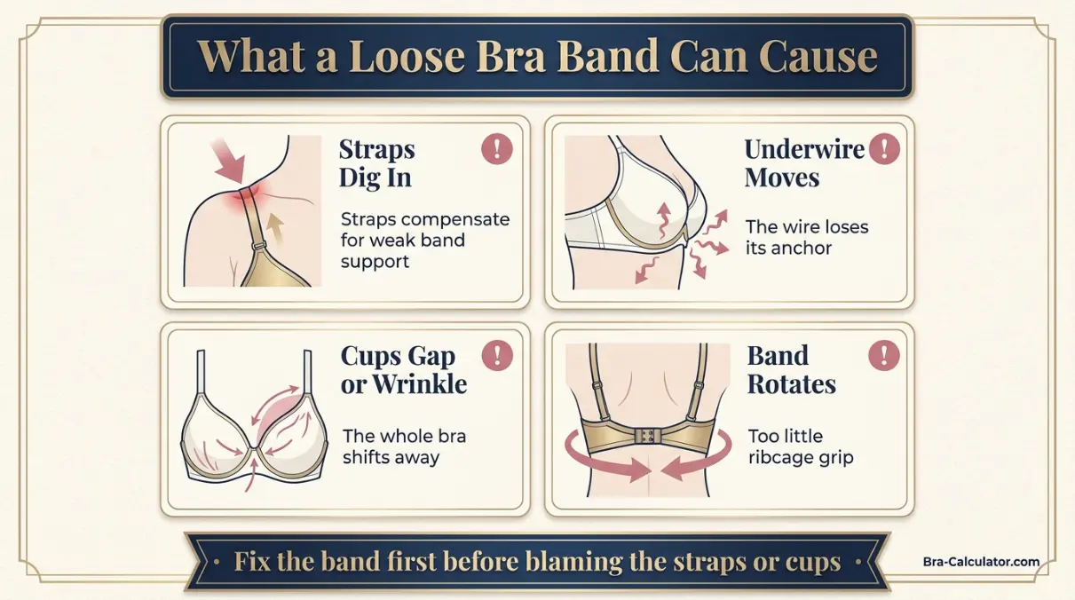 Loose bra band infographic showing strap digging, underwire movement, cup gaping and band rotation.
