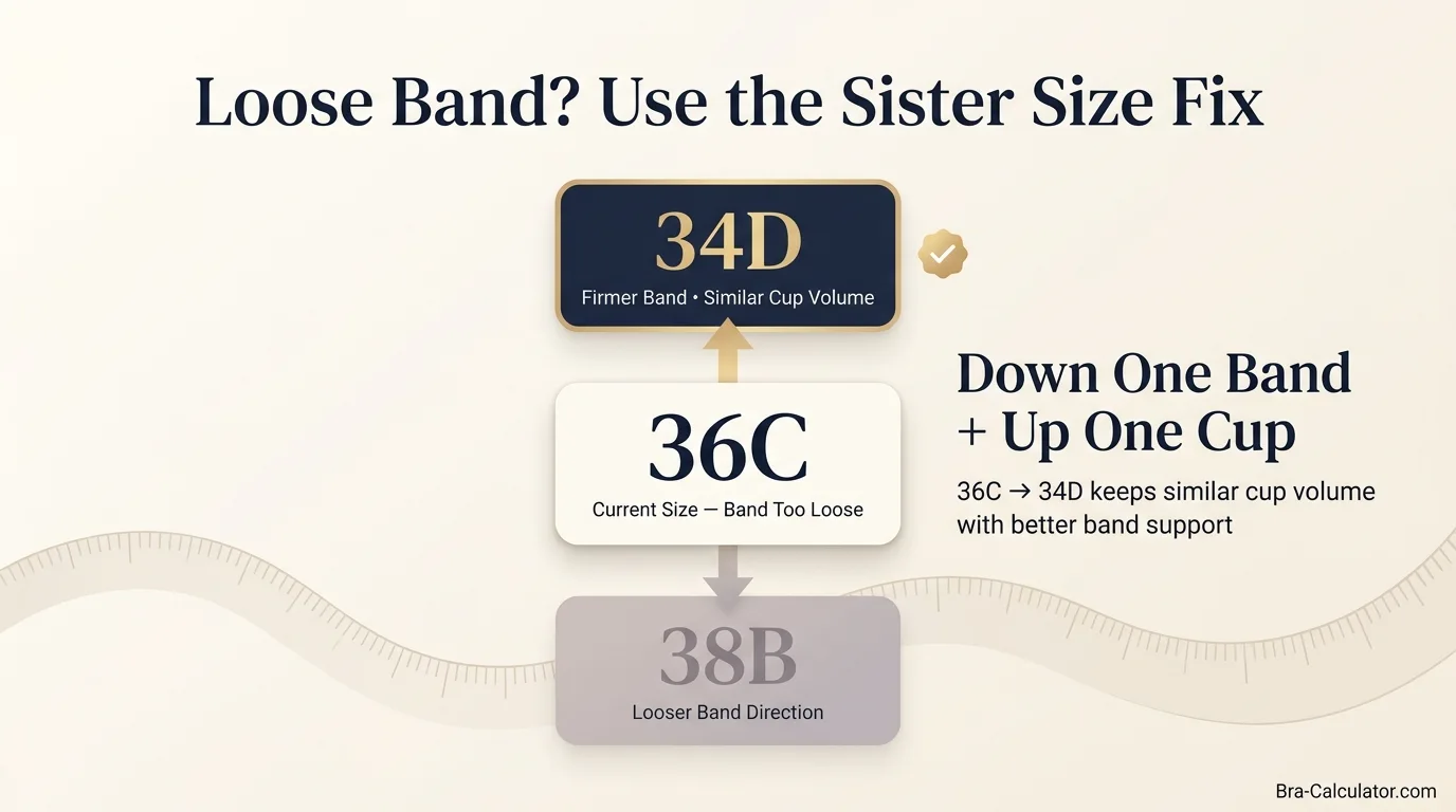 Sister size ladder for a bra band that is too loose showing 36C moving to firmer-band 34D