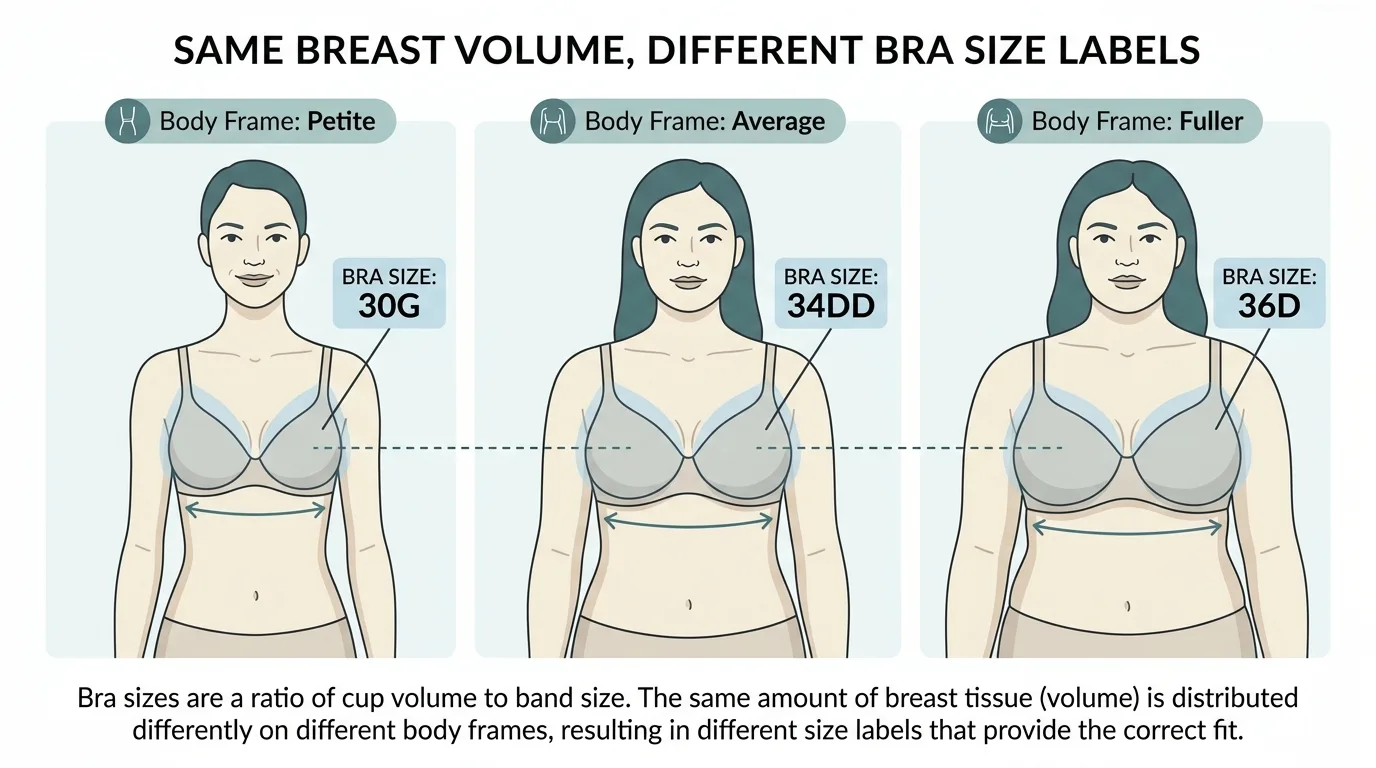 Illustration showing how the same breast volume maps to different bra size labels depending on band size — 30G and 36DD can hold identical volume