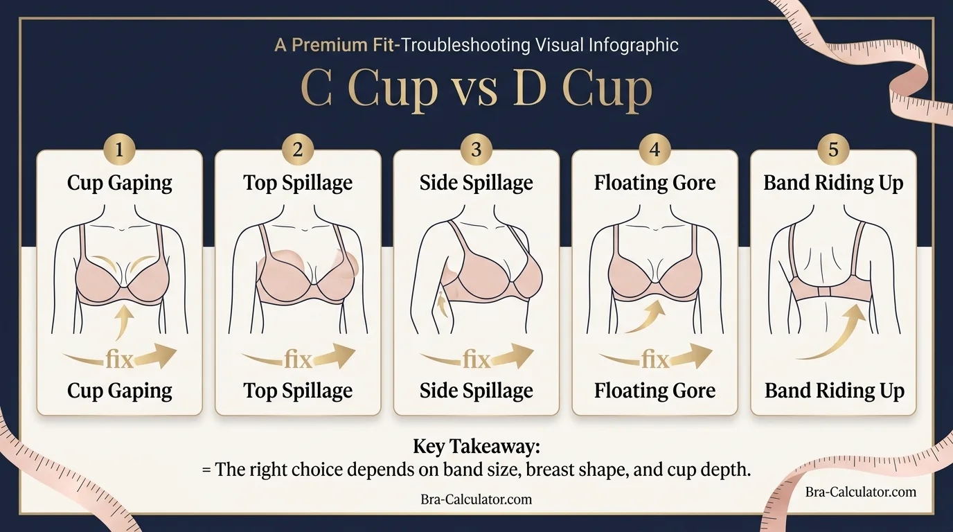 C Cup vs D Cup fit problem diagram showing gaping, spillage, floating gore, and band riding up