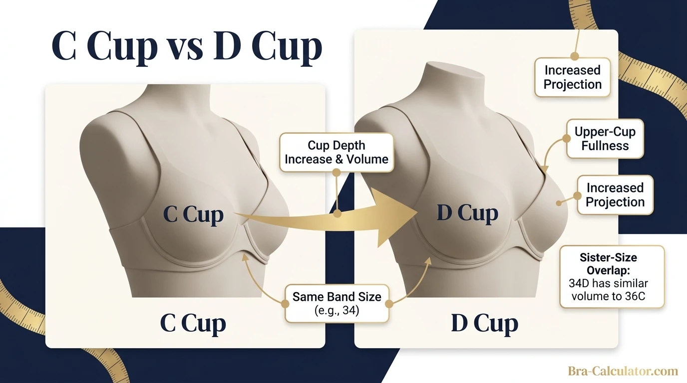 C Cup vs D Cup same-band visual volume comparison infographic