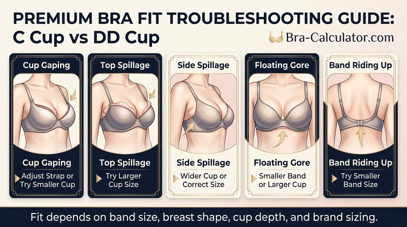 C Cup vs DD Cup fit problem diagram showing gaping, spillage, floating gore, and band riding up