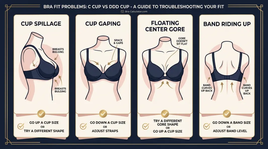 C Cup vs DDD Cup fit problem diagram showing gaping, spillage, floating gore, and band riding up
