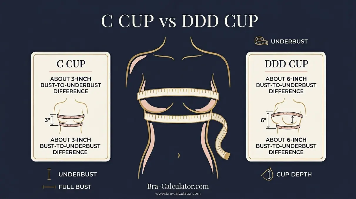 C Cup vs DDD Cup hero comparison graphic with dark navy and gold branding