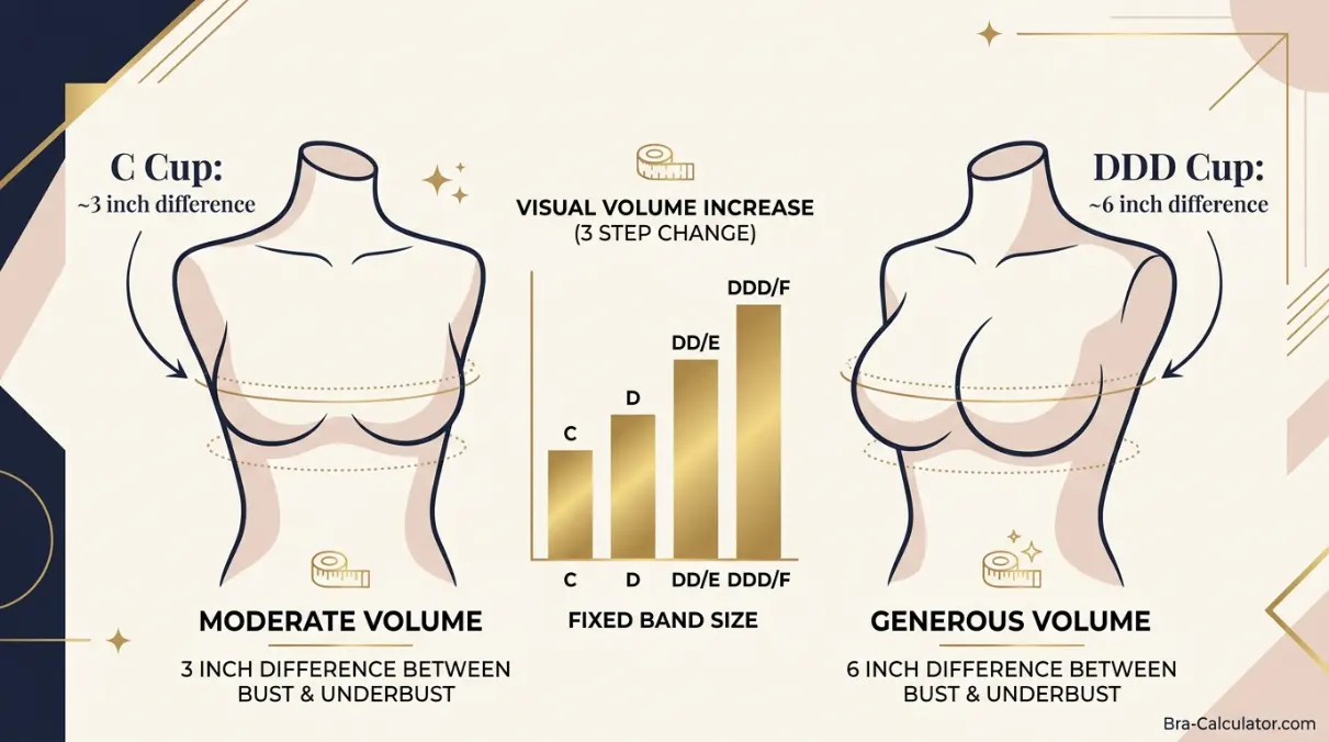 C Cup vs DDD Cup same-band visual volume comparison infographic