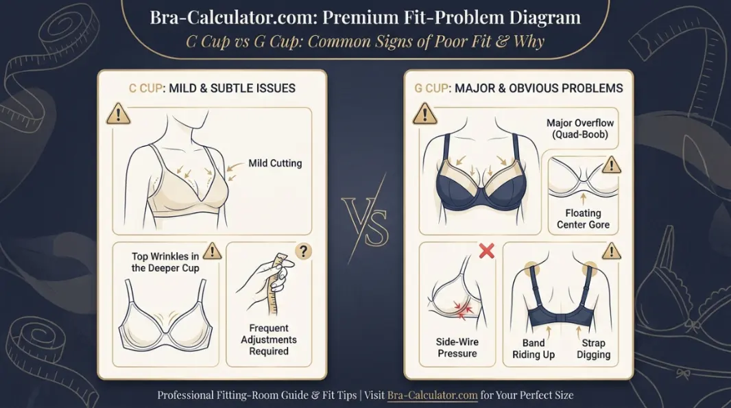 C Cup vs G Cup fit problem diagram showing mild cutting vs major overflow, floating gore, and middle-size checkpoints