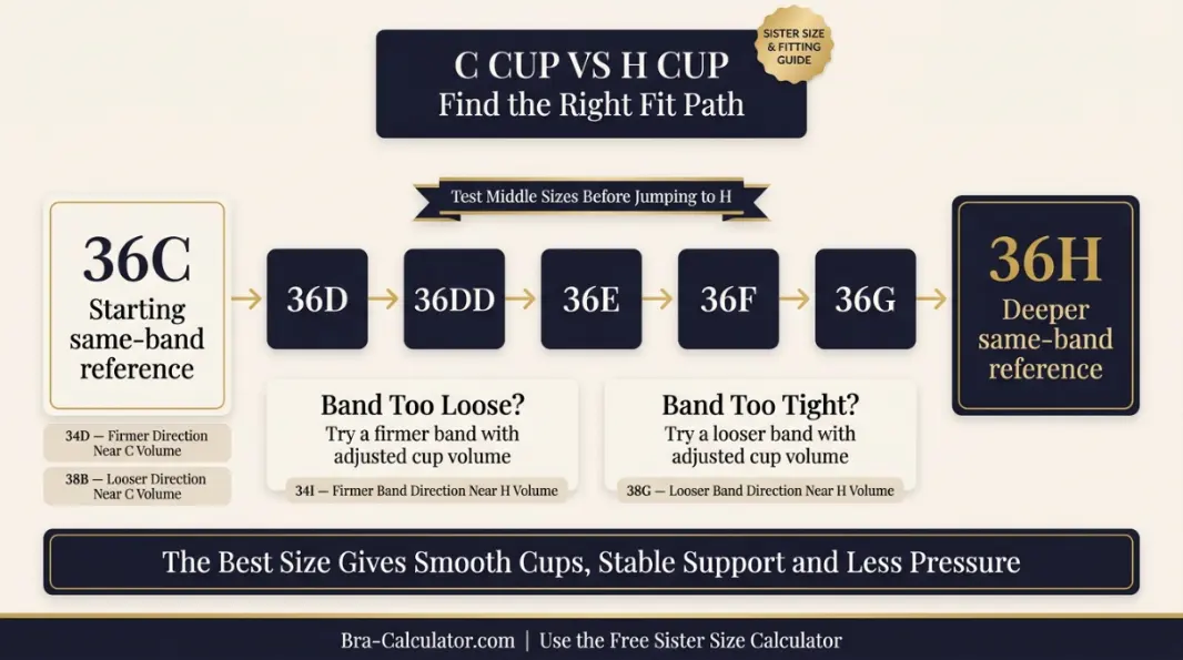 C Cup vs H Cup fitting pathway graphic showing middle cup checkpoints and sister size adjustment guidance