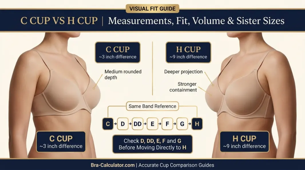 C Cup vs H Cup same-band visual comparison showing six cup steps and deeper H cup projection
