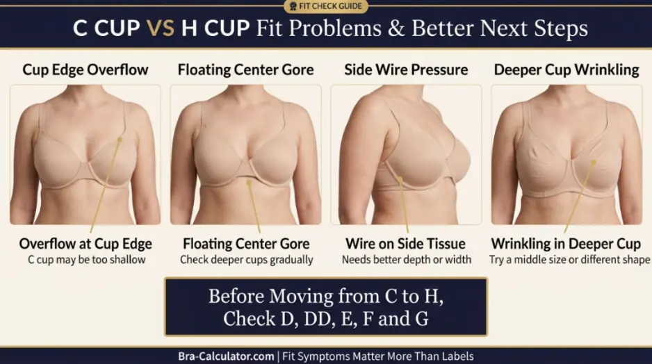 C Cup vs H Cup fit problems infographic showing overflow, floating gore, side wire pressure and deeper cup wrinkling