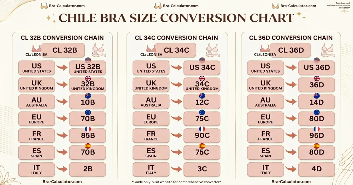 Chile bra size conversion chart comparing Chile US-style bands with US UK AU and FR bra sizing systems