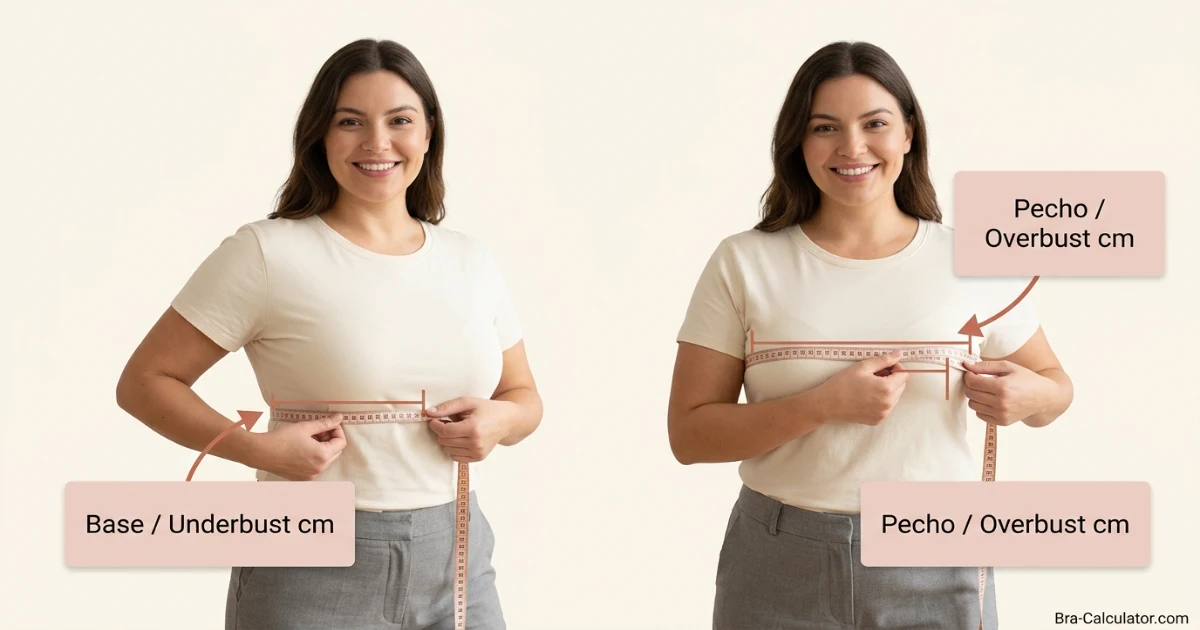 Chile bra size measurement guide showing underbust and overbust measurement with tape in centimetres for accurate Chile US-style bra fitting