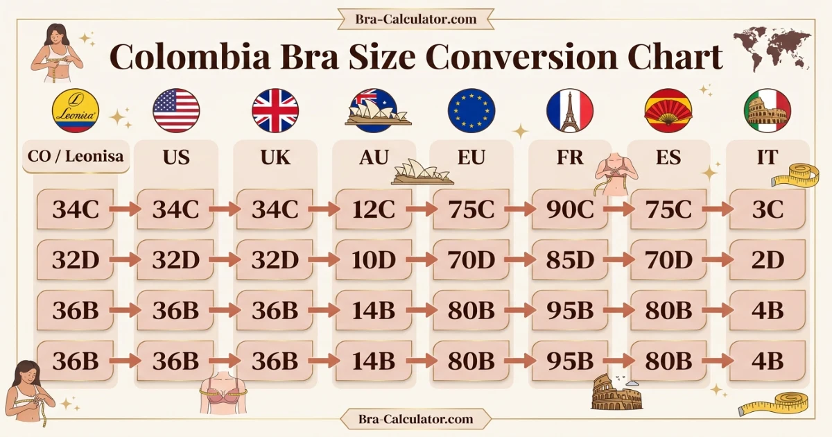 Colombia bra size conversion chart comparing Colombia US-style bands with US UK AU and FR bra sizing systems