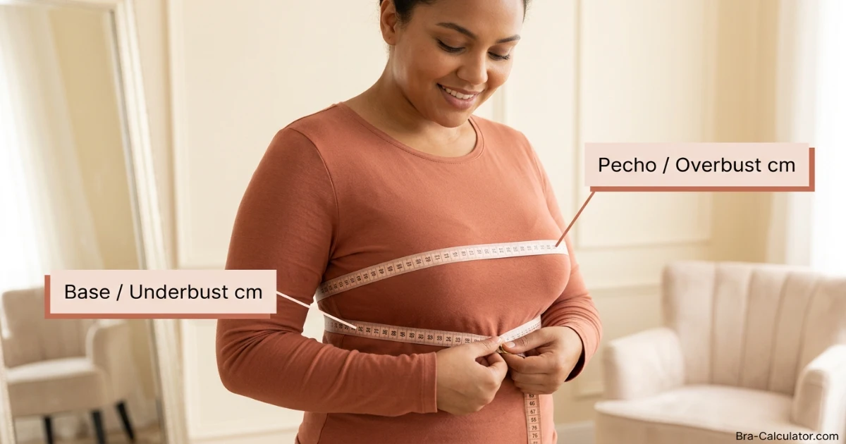Colombia bra size measurement guide showing underbust and overbust measurement with tape in centimetres for accurate Colombia US-style bra fitting