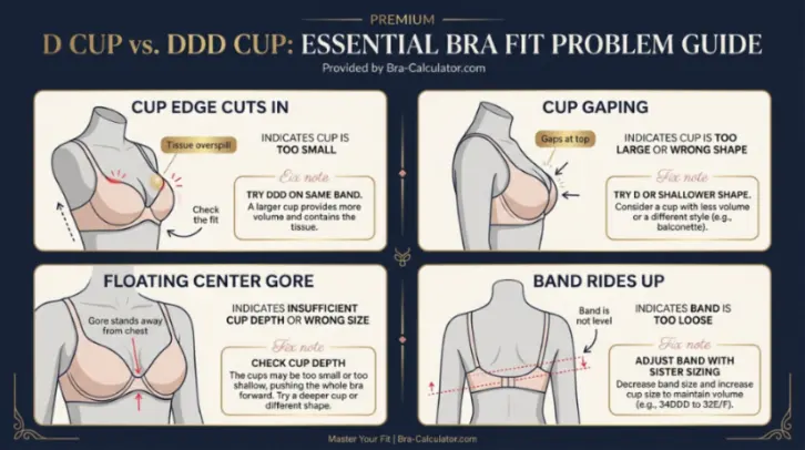 D Cup vs DDD Cup fit problem diagram showing gaping, spillage, floating gore, and band riding up