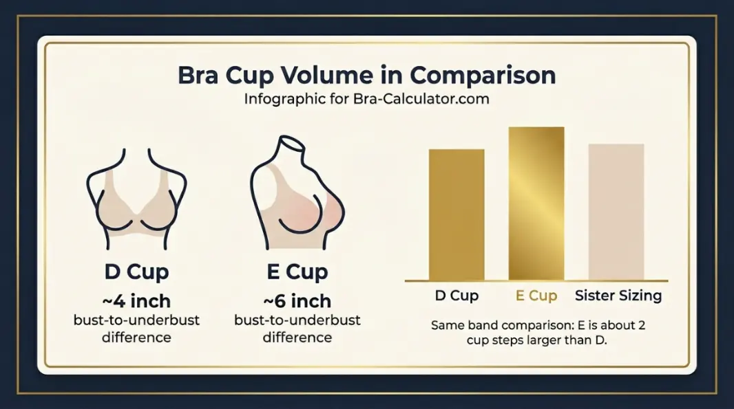 D Cup vs E Cup same-band visual volume comparison infographic