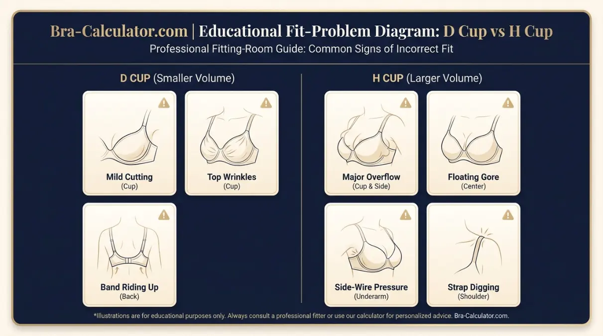D Cup vs H Cup fit problem diagram showing mild cutting vs major overflow, floating gore, and middle-size checkpoints