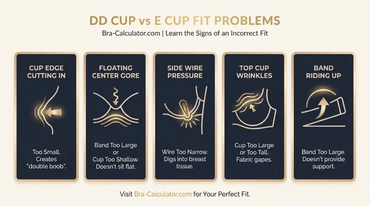DD Cup vs E Cup fit problem diagram showing mild cutting vs major overflow, floating gore, and middle-size checkpoints