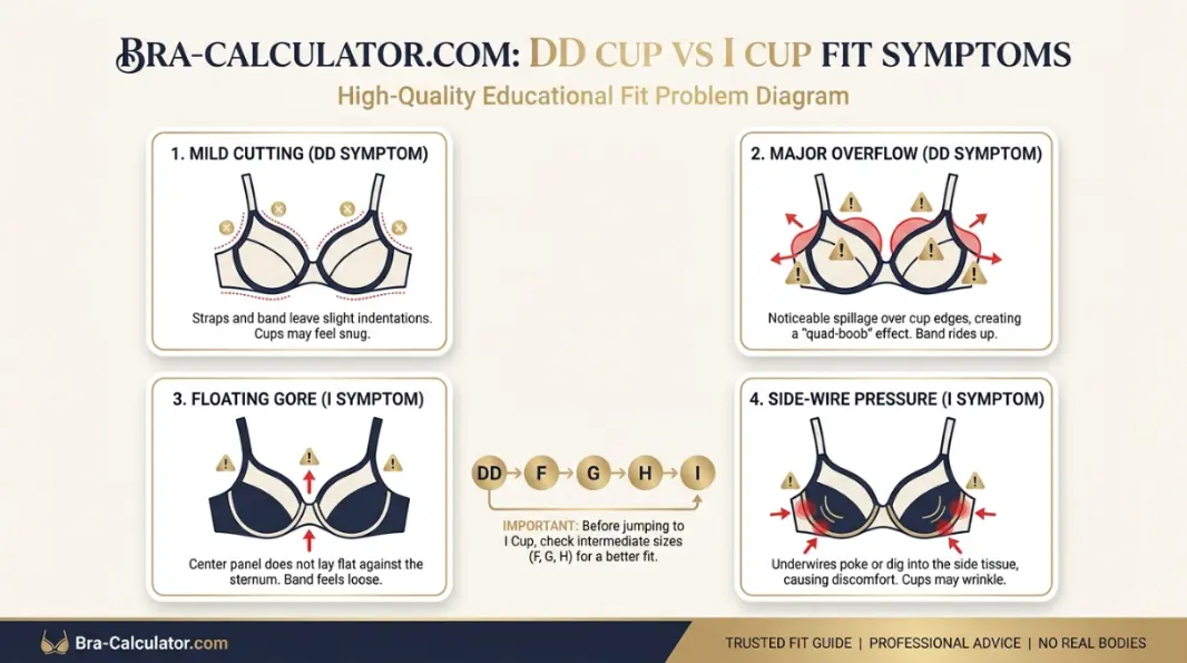 DD Cup vs I Cup fit problem diagram showing mild cutting vs major overflow, floating gore, and middle-size checkpoints
