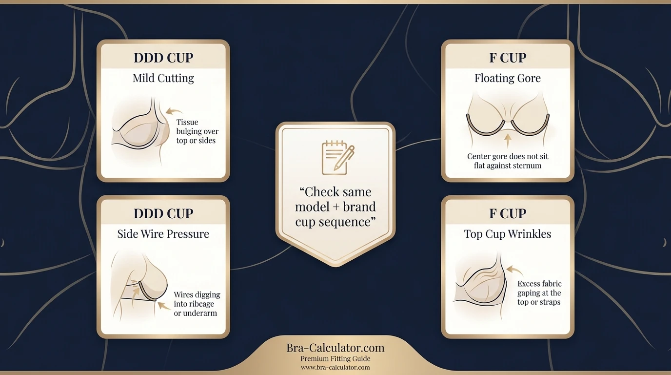 DDD Cup vs F Cup fit problem diagram showing mild cutting vs major overflow, floating gore, and middle-size checkpoints