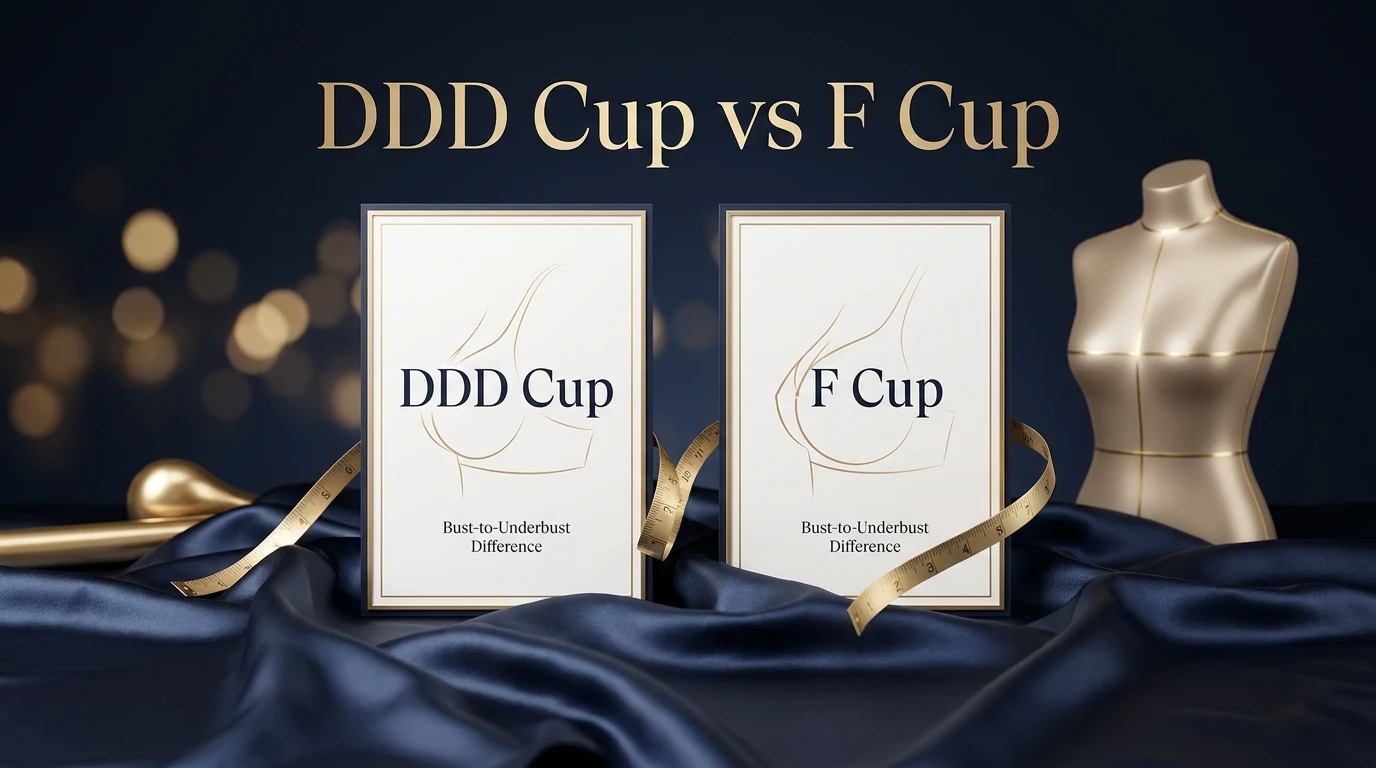 DDD Cup vs F Cup hero comparison graphic with dark navy and gold branding