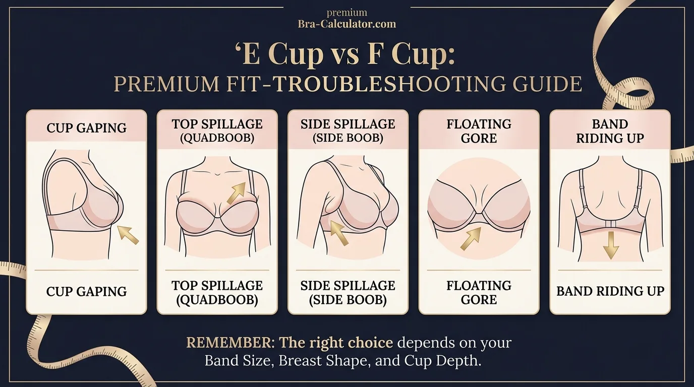 E Cup vs F Cup fit problem diagram showing gaping, spillage, floating gore, and band riding up