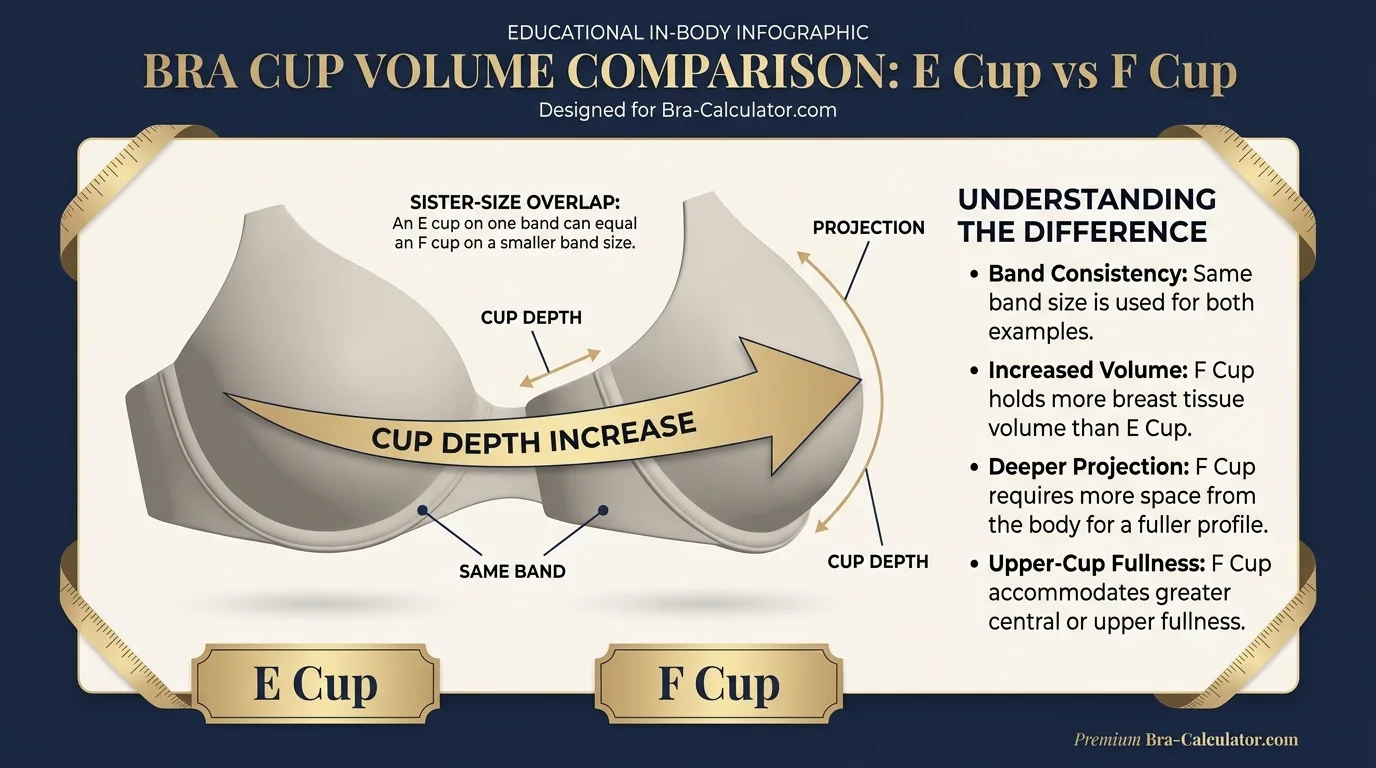 E Cup vs F Cup same-band visual volume comparison infographic