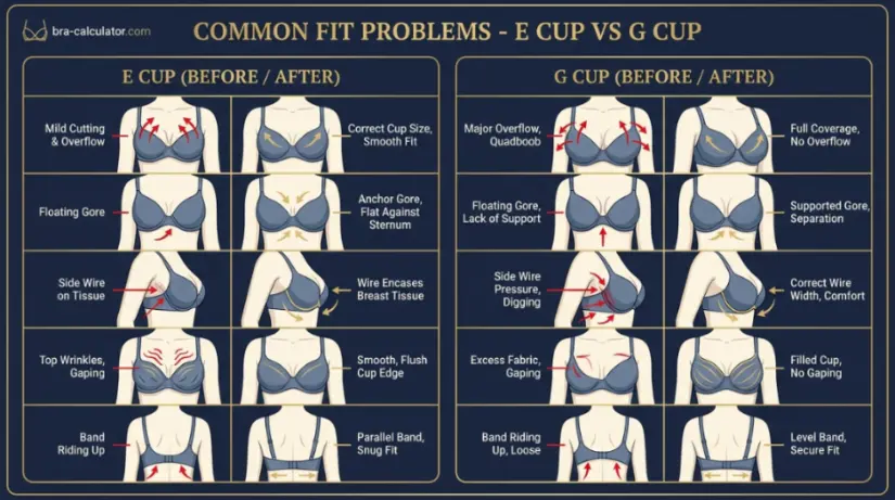 E Cup vs G Cup fit problem diagram showing mild cutting vs major overflow, floating gore, and middle-size checkpoints