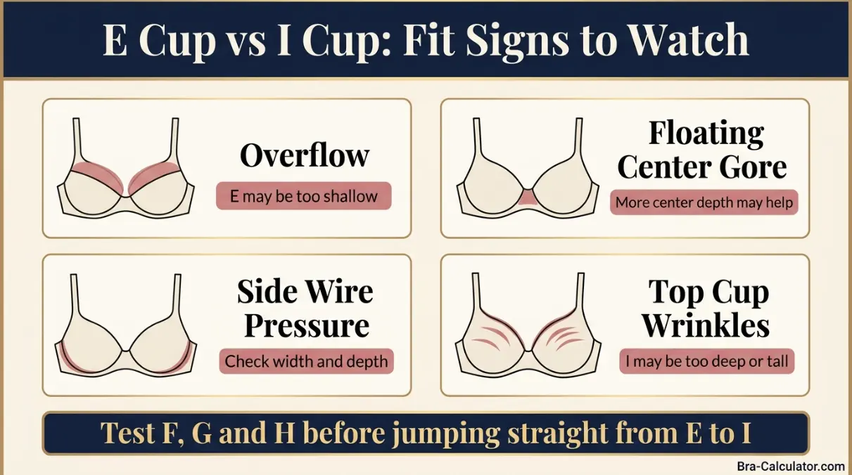E Cup vs I Cup fit problem diagram showing mild cutting vs major overflow, floating gore, and middle-size checkpoints